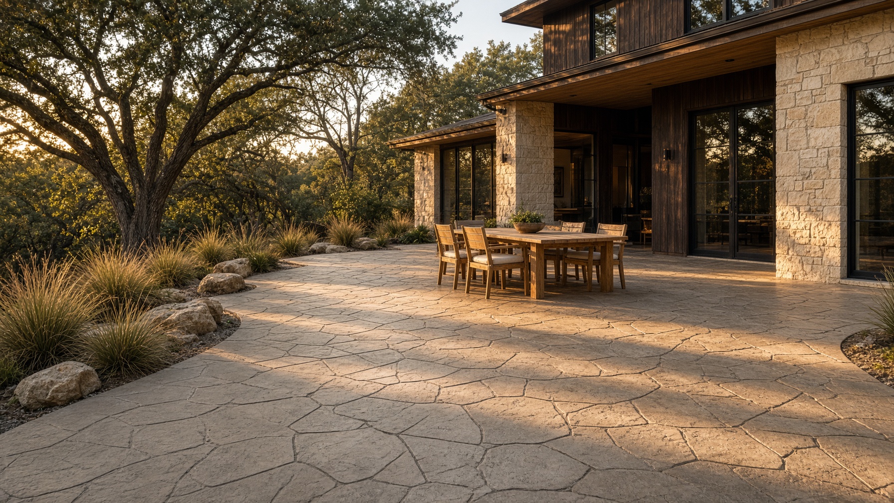 Stamped flagstone patio behind a limestone Hill Country home