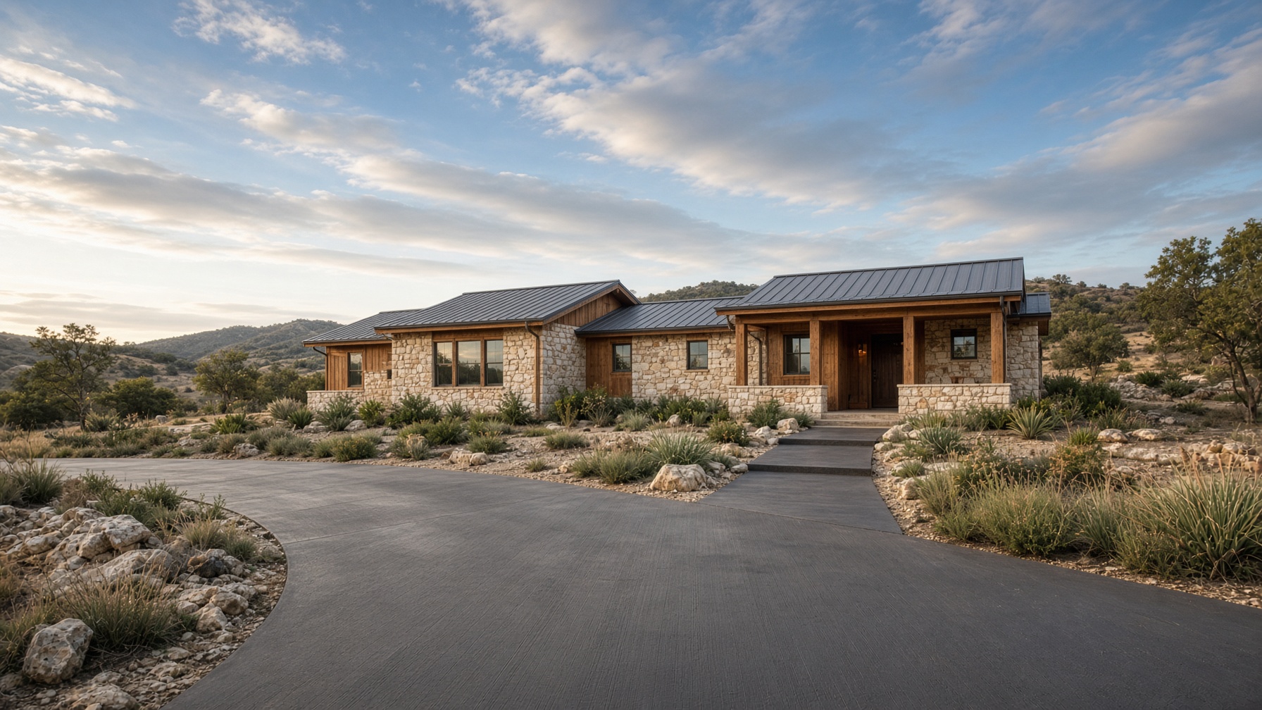 Hill Country home with a new residential concrete driveway