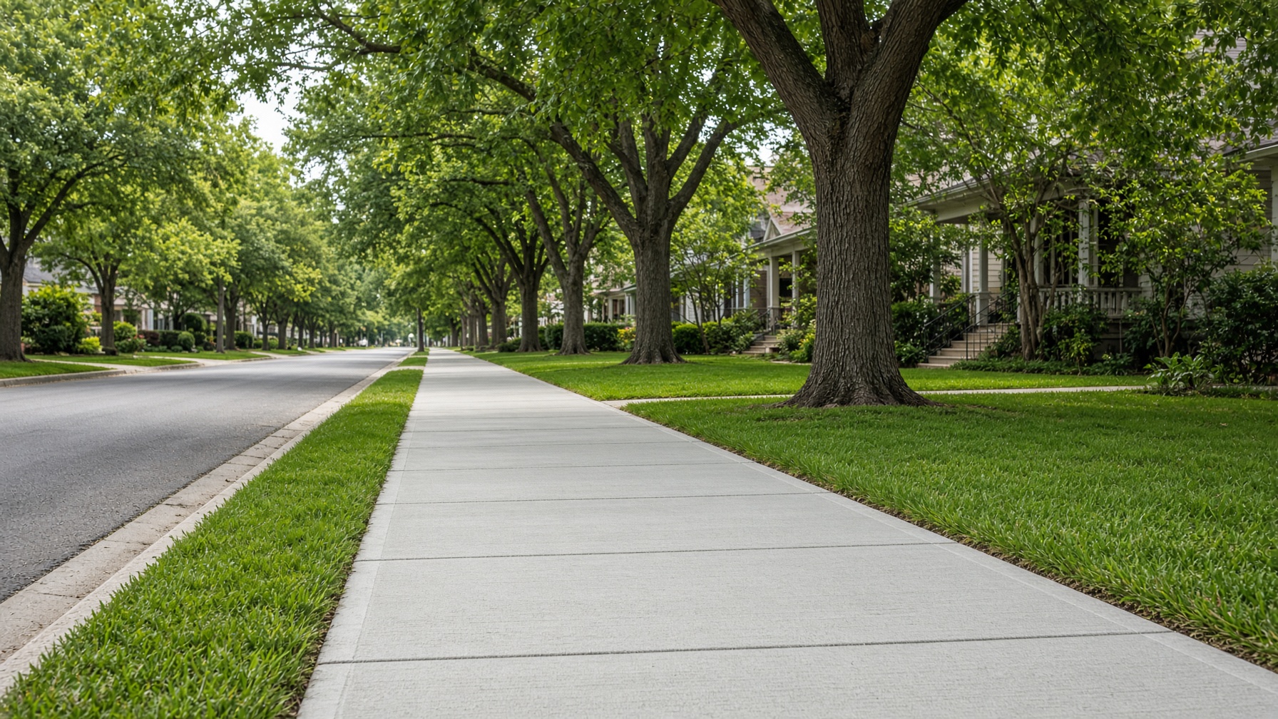 New broom-finished residential concrete sidewalk along a tree-lined San Antonio street
