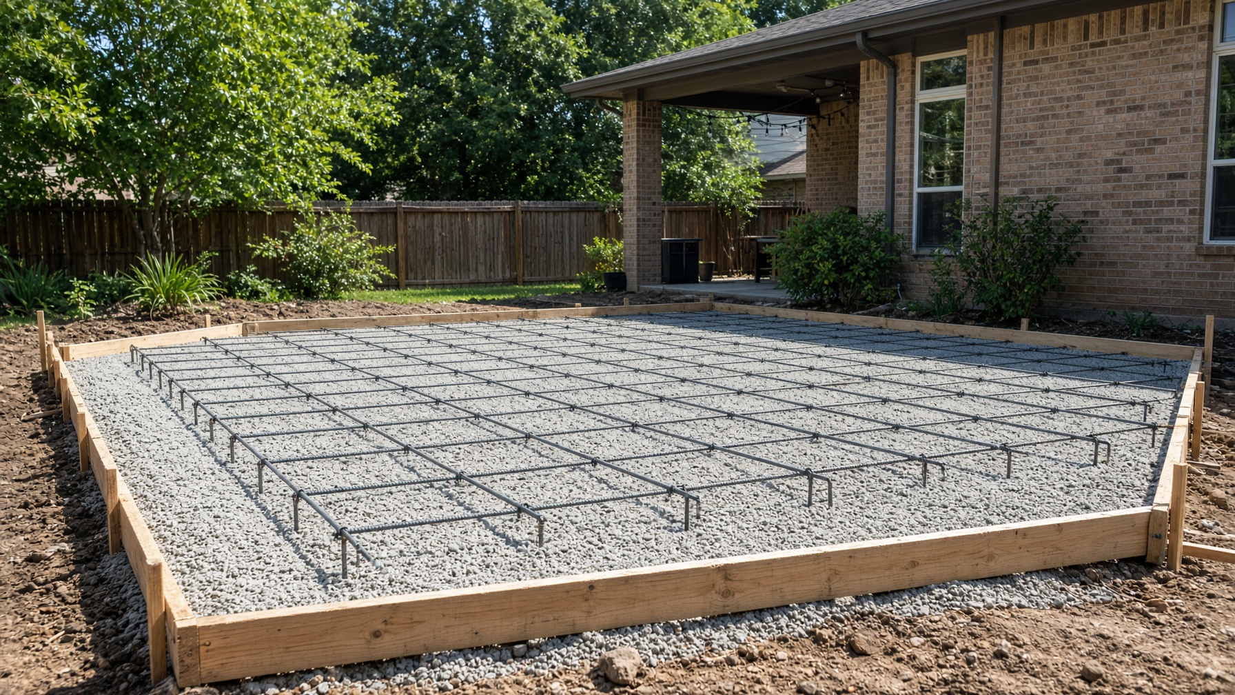 Forms, base, and reinforcement ready for a residential patio pour