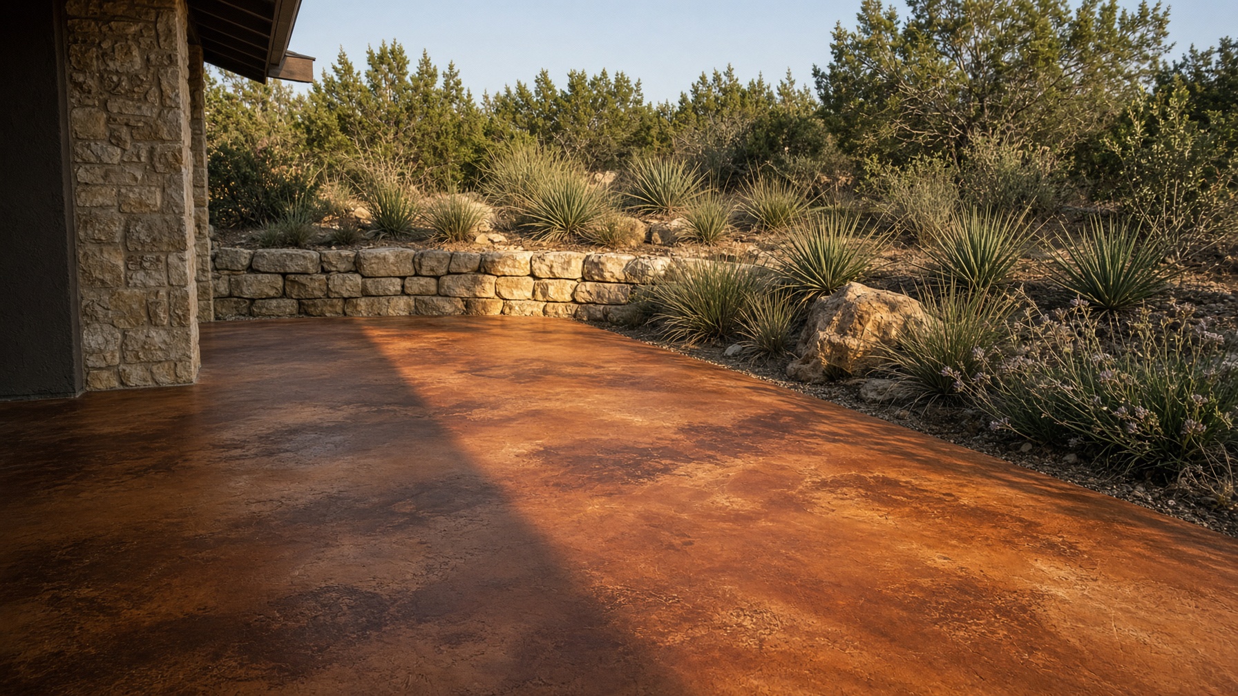 Acid-stained terracotta patio in a Hill Country backyard
