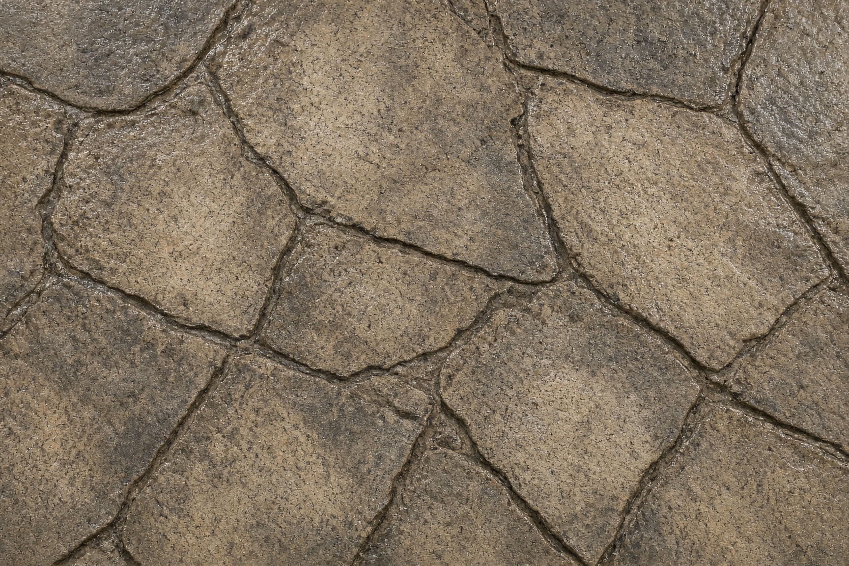 Stamped flagstone concrete with layered earth-tone color