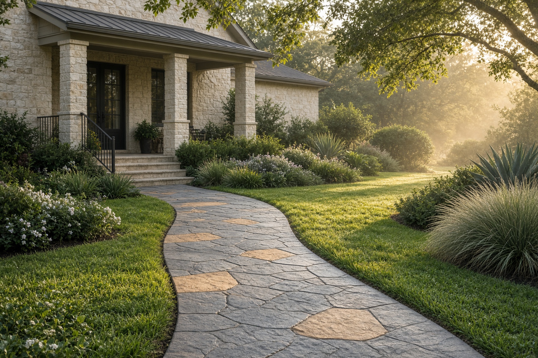 Curved stamped slate concrete walkway leading through landscaping to a limestone Texas home